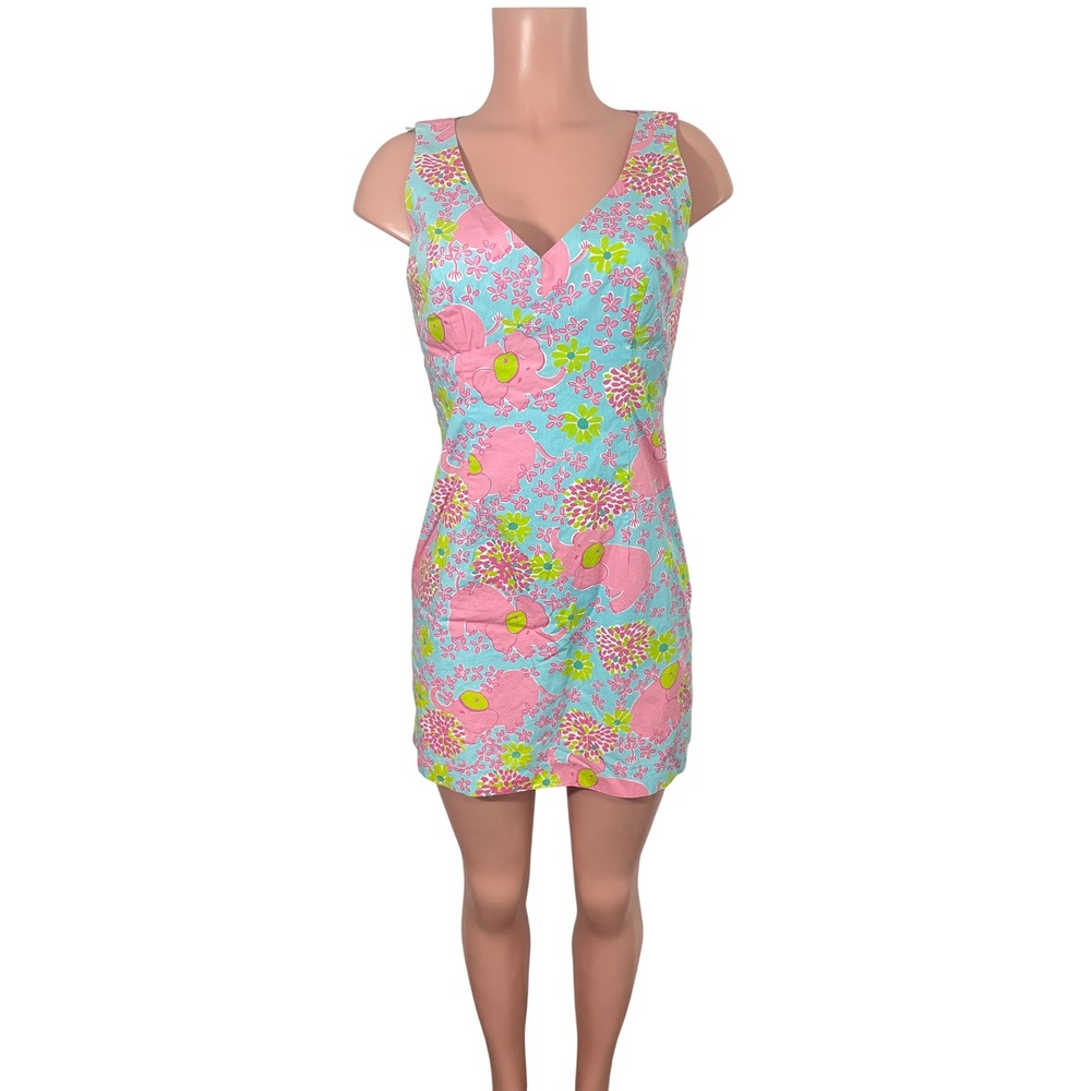 Lilly Pulitzer Pink Elephant Floral Shift Dress Blue Green Cotton Size 6 Vintage